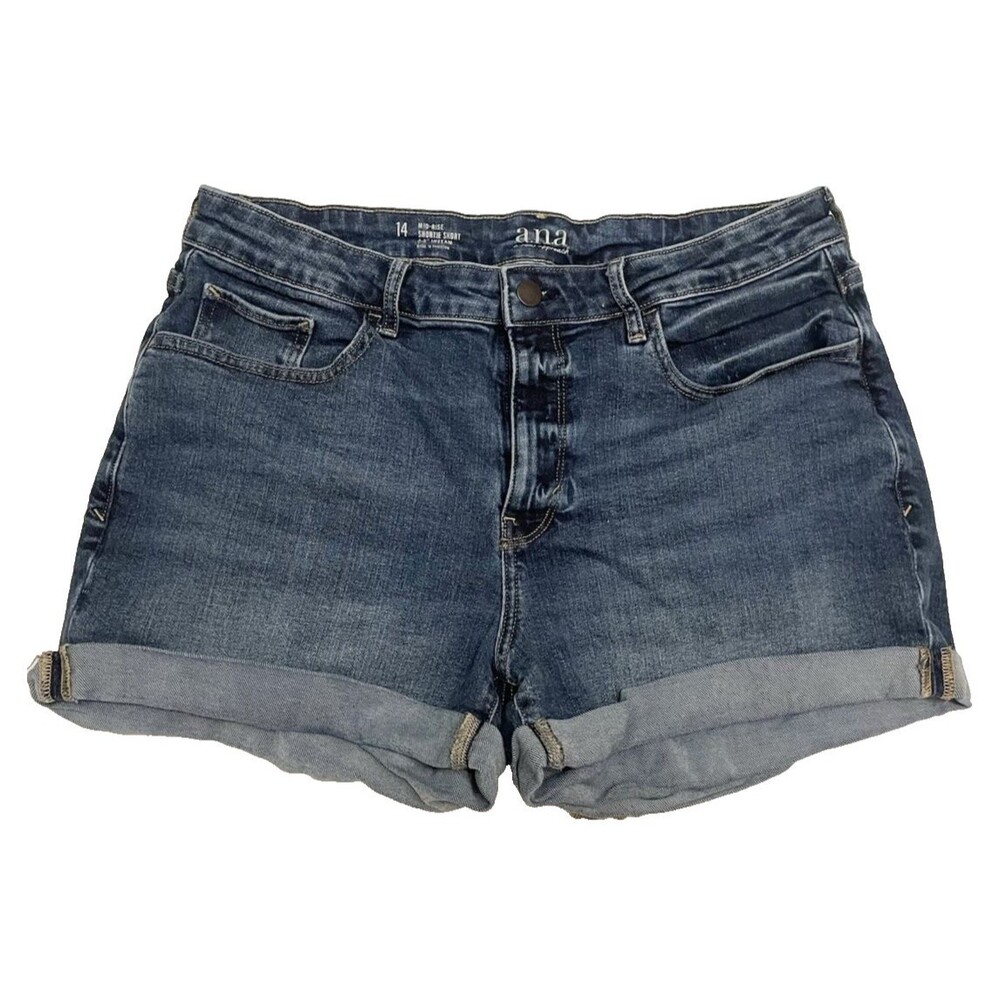 A New Approach ANA Shortie Shorts Size 14 34" Blue Denim Jean Mid Rise Stretch